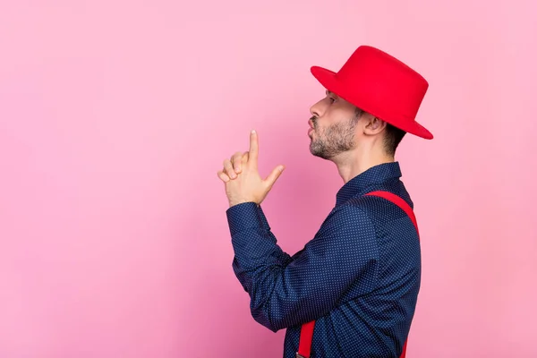 Photo Cool Sexy Young Man Wear Blue Shirt Red Headwear —  Fotos de Stock