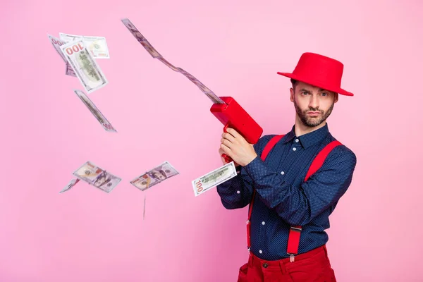 Portrait Serious Confident Person Hands Hold Use Money Gun Flying — Stock fotografie