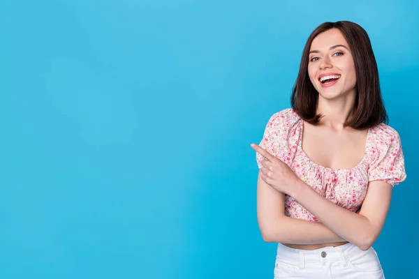 Photo Portrait Lovely Young Woman Laughing Point Empty Space Promo — Stockfoto