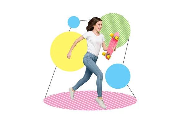 Banner Collage Woman Run Hold Skate Isolated Drawing White Color — Stockfoto