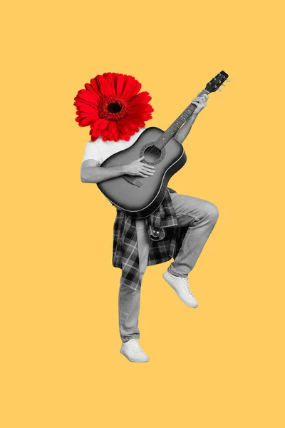 Vertical Banner Collage Guy Play Guitar Flower Instead Head Black — Foto de Stock
