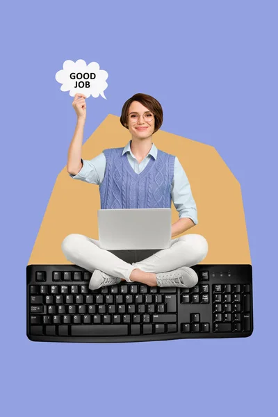 Vertical Banner Collage Work Lady Keyboard Isolated Painting Blue Color — Stok fotoğraf