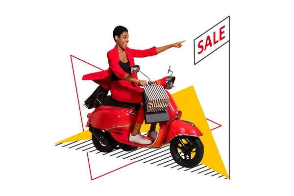 Banner Collage Lady Ride Scooter Index Sale Isolated Drawing White — 图库照片