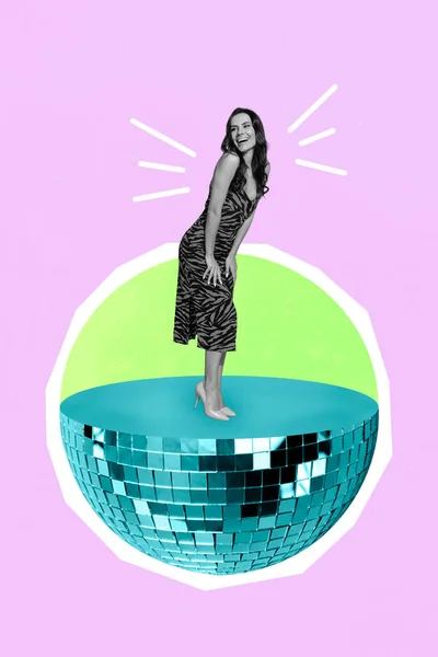 Vertical Poster Collage Lady Disco Ball Black White Isolated Painting — Stok fotoğraf