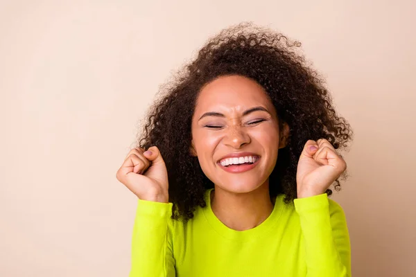 Closeup Photo Young Happy Lady Wear Yellow Jumper Fists Celebrating — ストック写真