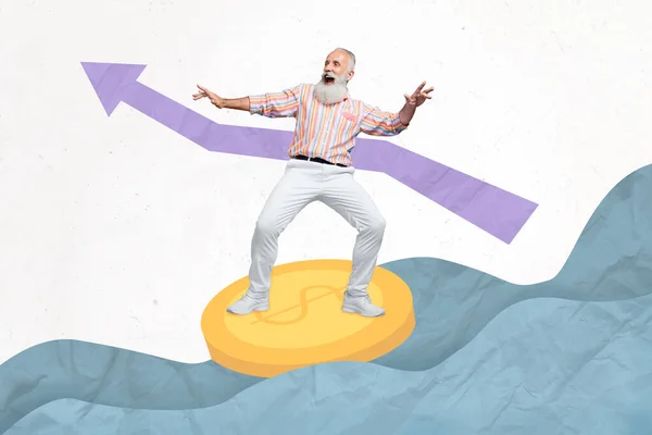 Banner collage of old man swim on money isolated on drawing white color background.