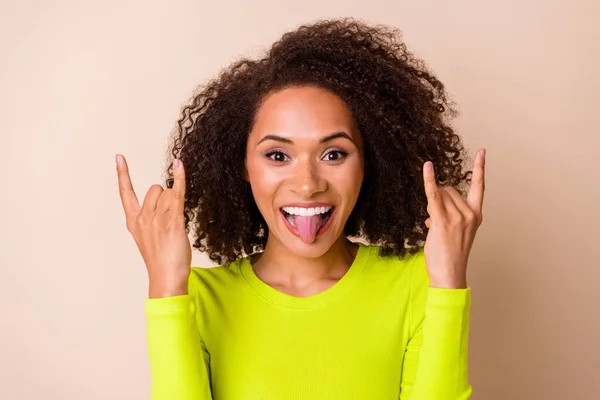 Close Photo Young Nice Woman Curly Hair Show Double Horns — Foto Stock