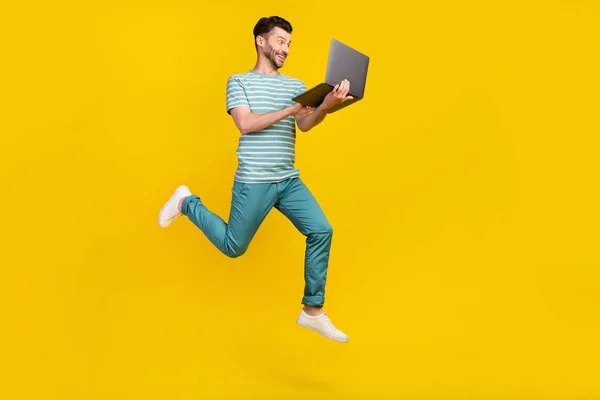 Profile Full Length Photo Impressed Guy Run Laptop Wear Shirt — Zdjęcie stockowe