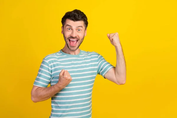 Closeup Photo Young Funny Guy Celebrate Fists Hooray Victory Screaming — Stockfoto