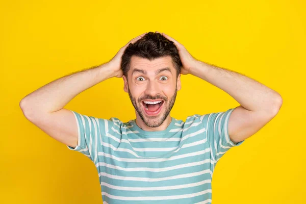 Closeup Photo Young Funny Celebrating Man Shocked How Low Price — Stock Fotó