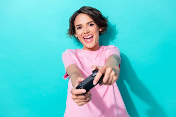 Photo Young Attractive Perfect Cute Woman Hold Joystick Playing Console — Stockfoto