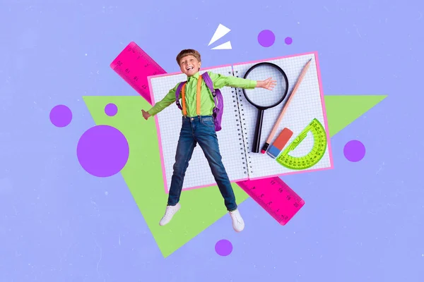 Composite Collage Little Boy Jump Fly Big Copybook Ruler Magnifier — Stok fotoğraf