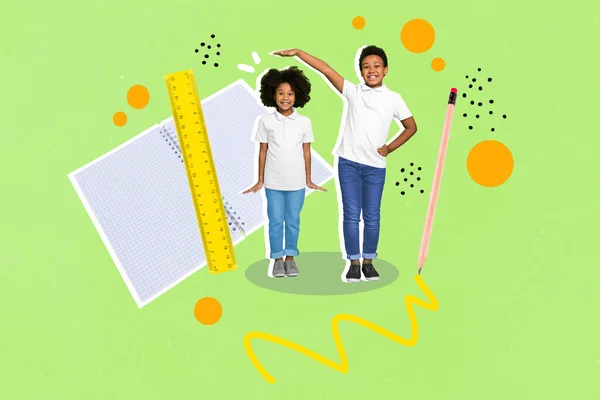 Poster Collage Schoolkids Measure High Wear Casual Cloth Isolated Green — Stock Photo, Image