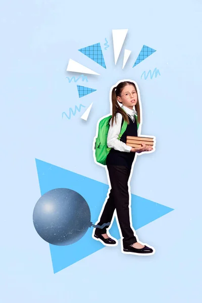 Vertical Collage Portrait Small Girl Hold Pile Stack Book Big — 스톡 사진