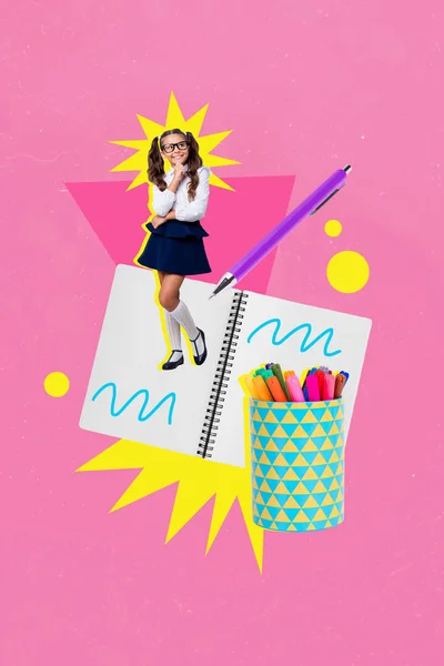 Vertical Collage Image Minded Happy Smart Girl Huge Notebook Pen — Zdjęcie stockowe
