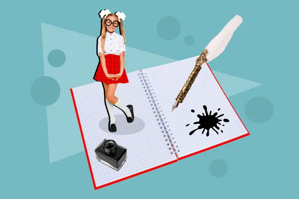 Composite Collage Clever Small Girl Standing Huge Copybook Ink Feather — Stockfoto