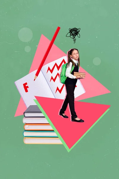 Vertical Collage Picture Unsatisfied Little Girl Hold Pile Stack Book — Stockfoto
