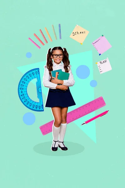 Vertical Banner Collage Schoolgirl Book Wear Uniform Glasses Isolated Green — Foto Stock