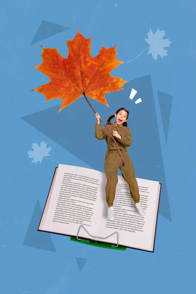 Vertical Collage Picture Crazy Small Girl Hands Hold Huge Maple — Stok fotoğraf