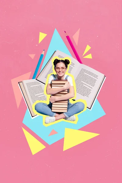 Вертикальний Плакат Колаж Шкільної Дівчини Обіймає Книгу Повсякденному Одязі Тканинних — стокове фото