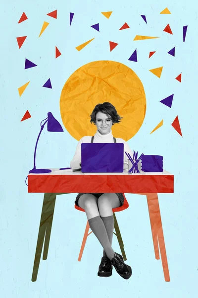Vertical Poster Collage Young Lady Write Laptop Wear Uniform Isolated — Zdjęcie stockowe