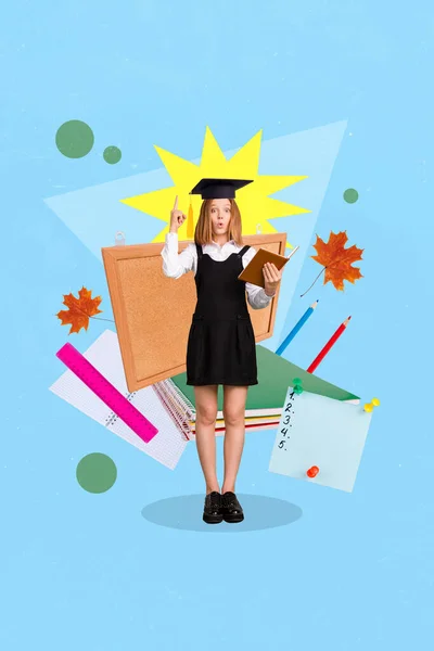 Vertical Collage Picture Excited Clever Girl Wear Mortarboard Hat Hold — Foto Stock