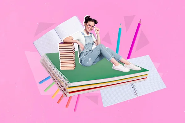 Banner collage of lady student sit on copybook wear casual cloth glasses isolated on pink painting color background.