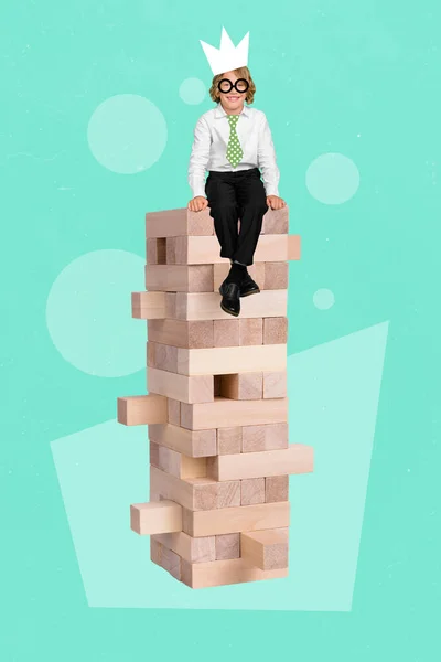 Vertical Collage Image Clever Mini Boy Sitting Jenga Brick Game — Zdjęcie stockowe