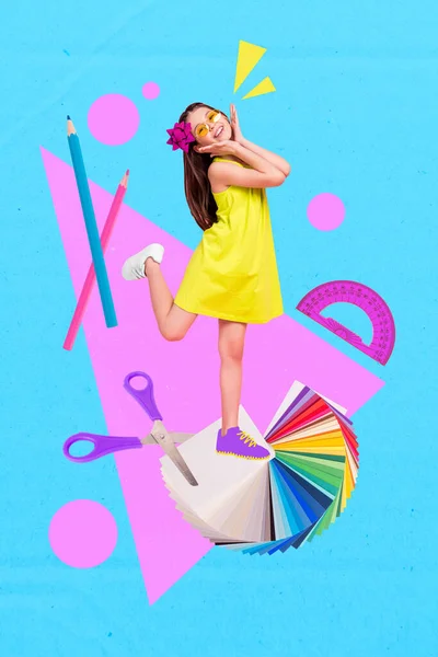 Vertical Collage Little Cheerful Girl School Supplies Scissors Colorful Paper — Stockfoto