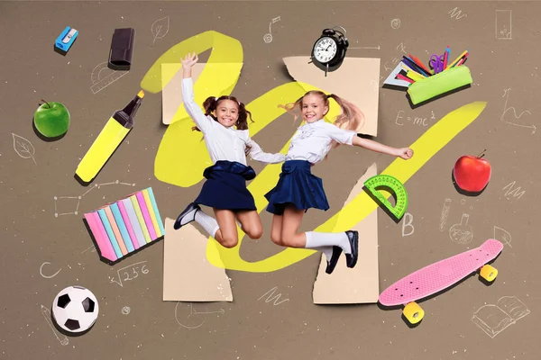 Banner Collage Small Girls Jump Wear Uniform Isolated Drawing Brown —  Fotos de Stock