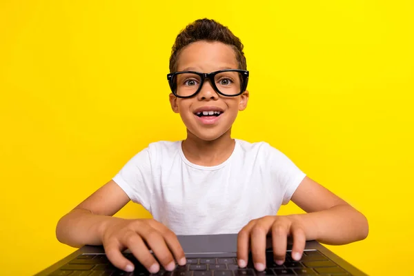 Photo Optimistic Funny Boy Learner Schoolkid Online Study Wear Glasses — Zdjęcie stockowe