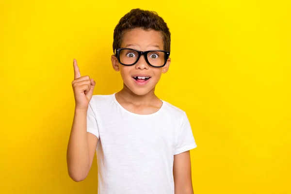 Photo Cute Boy Raise Arm Hand Wear Stylish Outfit Spectacles — Foto Stock