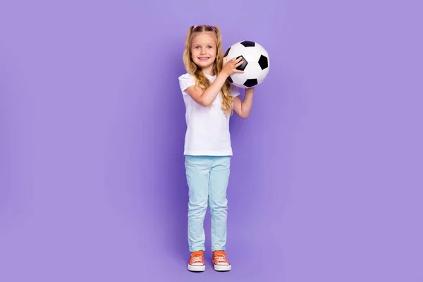 Full Length Photo Cute Active Schoolgirl Ponytails Smile Hold Soccer — Stock Fotó