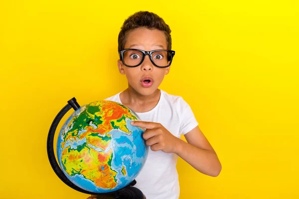 Photo Astonished Boy Hand Touch Globe Examine Planet Environment First — Foto Stock