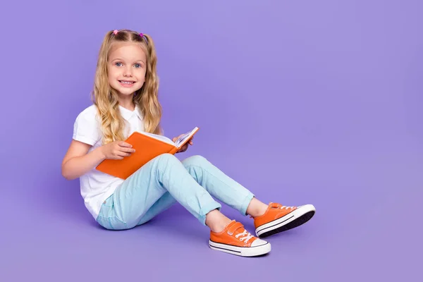 Full Length Photo Cheerful Little Girl Tails Sit Read Book — Stock Fotó