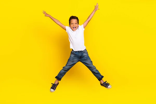 Full Body Photo Little Boy Jump Wear Shirt Jeans Sneakers — ストック写真