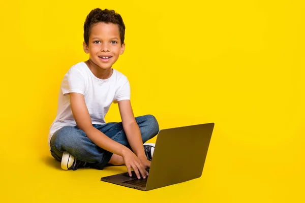 Full Length Photo Little Boy Sit Work Laptop Wear Shirt — Zdjęcie stockowe