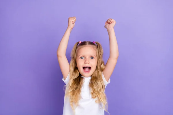 Photo Portrait Adorable Little Girl Tails Raise Fists Overjoyed Good — Fotografia de Stock