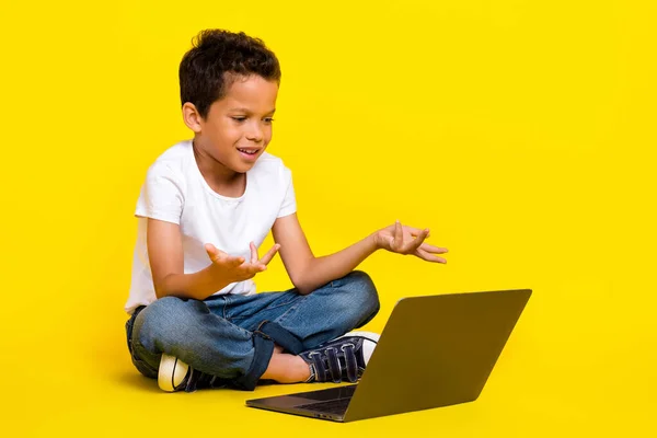 Full Length Photo Little Boy Sit Talk Laptop Wear Shirt — Zdjęcie stockowe