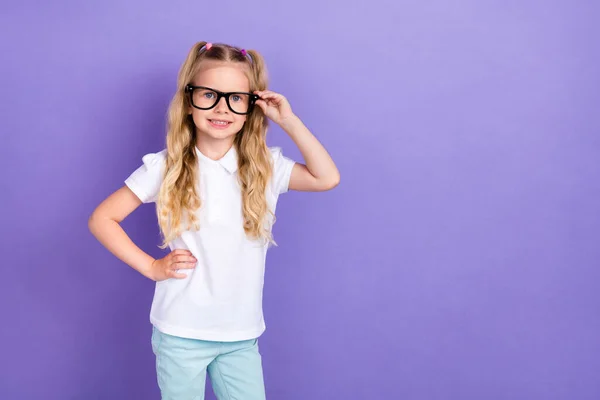 Photo Little Pupil Girl Ponytails Hand Touch Spectacles Empty Space — Fotografia de Stock