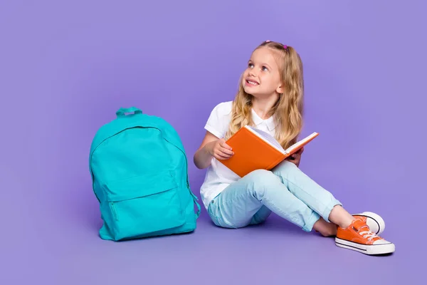 Full Body Photo Cute Schoolgirl Tails Hold Book Look Empty — Foto Stock
