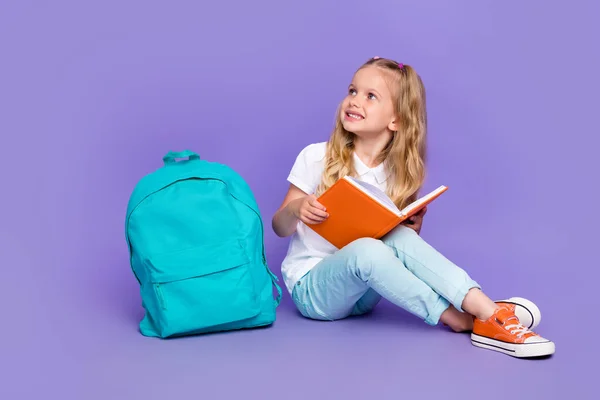 Full Body Photo Cute Schoolgirl Tails Hold Book Look Empty — Stockfoto