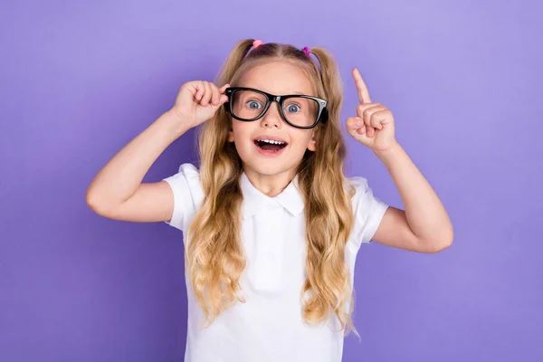 Photo Adorable Excited Small Girl Tails Eureka Finger Point Wear — Foto Stock