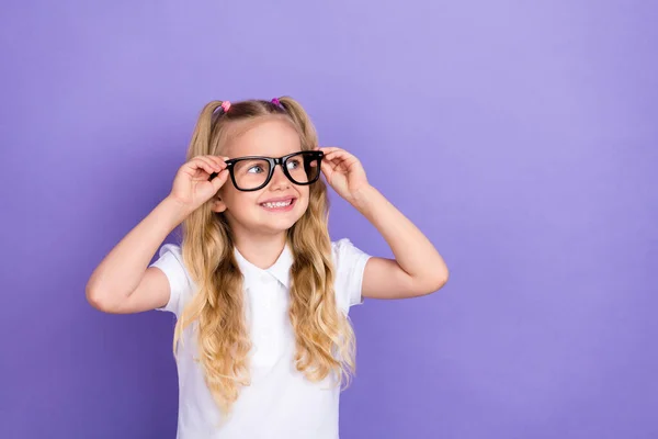 Photo Nice Little Schoolgirl Ponytails Hands Touch Specs Empty Space — Stockfoto