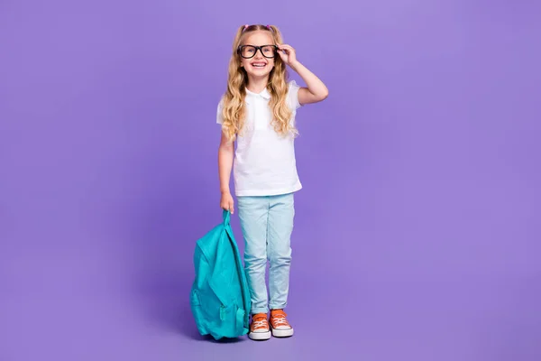 Full Body Photo Little Girl Ponytails Touch Eyewear Backpack Ready — 스톡 사진