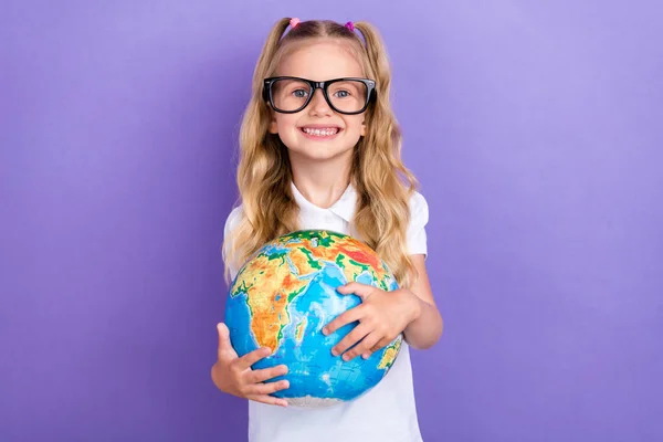 Photo Charming Small Girl Tails Eyewear Hug Globe Earth School — Foto Stock