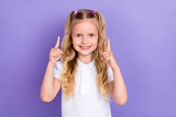 Photo Portrait Cute Little Pupil Girl Ponytails Smile Point Empty — Stockfoto