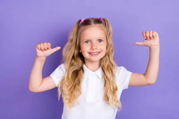 Photo Portrait Positive Little School Girl Tails Point Self Award — Fotografia de Stock