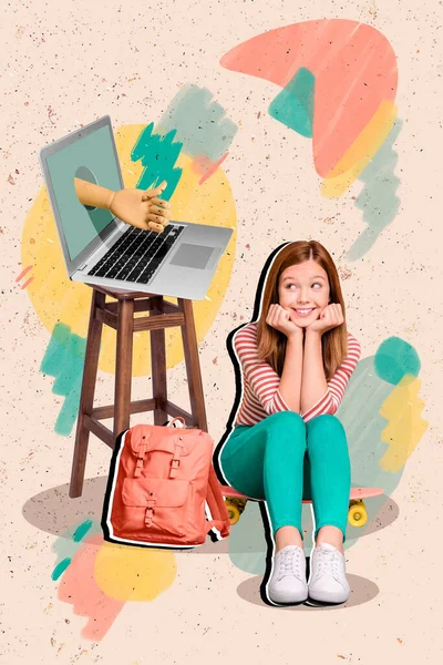 Vertical Poster Collage Little Girl Sit Look Laptop Wear Casual — Stok fotoğraf