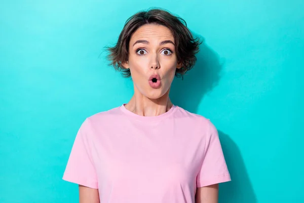 Photo Hooray Short Hairdo Millennial Lady Wear Pink Shirt Isolated — Stock Photo, Image